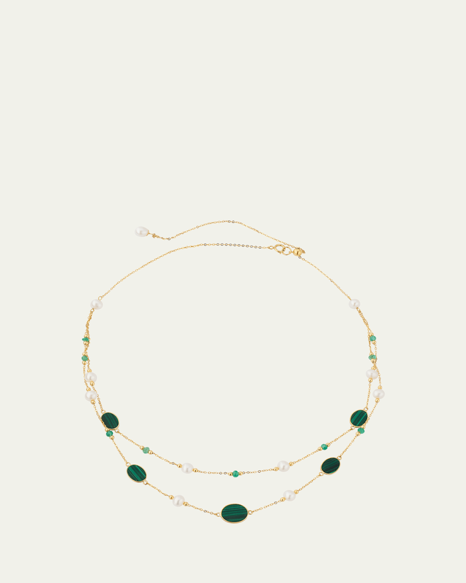 Little Sur Malachite Inlay, Emerald and Freshwater Pearl Double Layer Chain Necklace